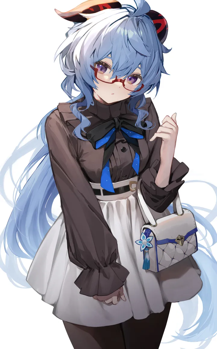 1girl,cowboy_shot,medium_breasts,breasts,bangs,bag,semi-rimless_eyewear,solo,shoulder_bag,ahoge,sidelocks,official_alternate_costume,goat_horns,hair_between_eyes,handbag,under-rim_eyewear,simple_background,white_skirt,white_background,looking_at_viewer,glasses,skirt,vertical,purple_eyes,red-framed_eyewear,blush,frills,frilled_shirt,frilled_sleeves,blue_hair,bow,shirt,shirt_tucked_in,horns,pantyhose,long_hair,long_sleeves,bowtie,high-waist_skirt,turtleneck,black_bow,black_shirt,black_pantyhose,black_bowtie