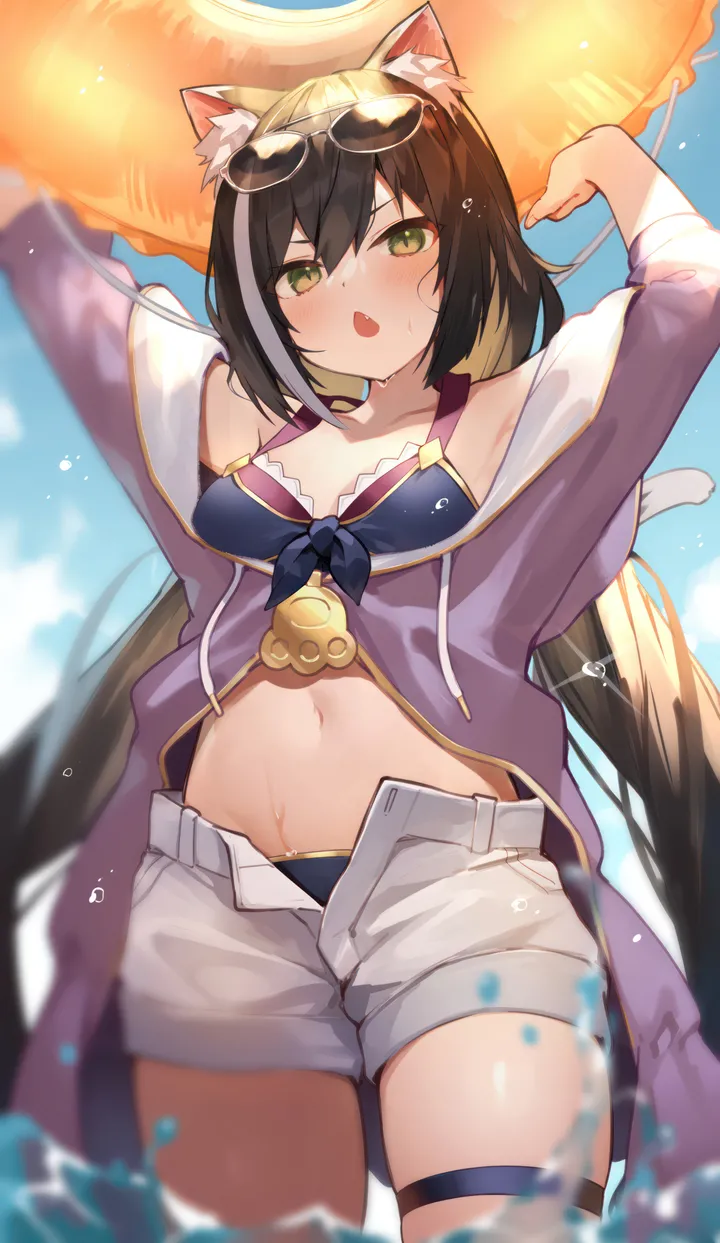 1girl,cowboy_shot,arms_up,breasts,low_twintails,animal_ears,bangs,solo,twintails,sunglasses,multicolored_hair,thigh_strap,sky,jacket,stomach,tail,open_mouth,very_long_hair,outdoors,holding,streaked_hair,bikini,bikini_under_clothes,water,open_fly,innertube,swimsuit,cat_girl,cat_tail,cat_ears,day,white_hair,white_shorts,v-shaped_eyebrows,looking_at_viewer,eyewear_on_head,shorts,vertical,short_shorts,purple_jacket,green_eyes,animal_ear_fluff,navel,blush,armpits,blue_sky,blue_bikini,fang,open_jacket,open_shorts,open_clothes,small_breasts,collarbone,long_hair,bare_shoulders,off_shoulder,black_hair,black_bikini