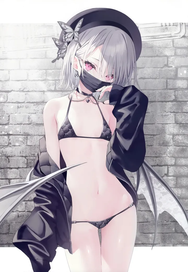 1girl,cowboy_shot,breasts,bangs,solo,mouth_mask,thighs,thigh_gap,hair_ornament,jacket,stomach,hat,flat_chest,demon_wings,ass_visible_through_thighs,bikini,swimsuit,grey_hair,jewelry,looking_at_viewer,short_hair,brick_wall,vertical,standing,pink_eyes,string_bikini,halterneck,wings,earrings,navel,low_wings,butterfly_hair_ornament,sleeves_past_wrists,open_jacket,open_clothes,beret,small_breasts,collarbone,long_sleeves,bare_shoulders,off_shoulder,mask,choker,black_headwear,black_jacket,black_bikini,black_choker