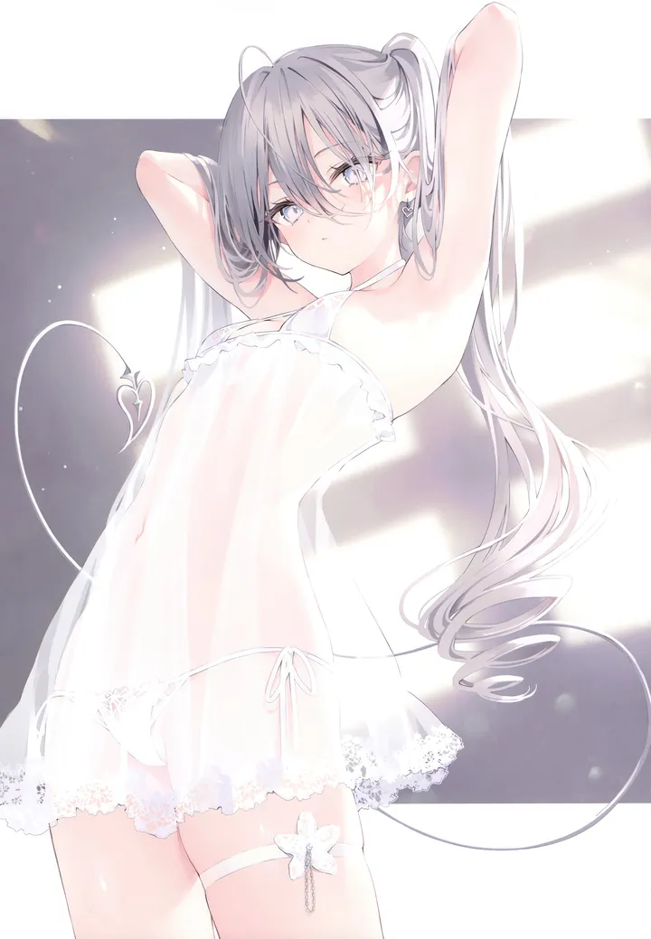 1girl,cowboy_shot,arms_up,breasts,side-tie_panties,underwear,panties,bangs,see-through,solo,arms_behind_head,twintails,ahoge,thighs,thigh_strap,lingerie,tail,hair_between_eyes,demon_tail,grey_hair,grey_eyes,white_panties,looking_at_viewer,vertical,standing,string_panties,navel,armpits,small_breasts,long_hair,bare_shoulders