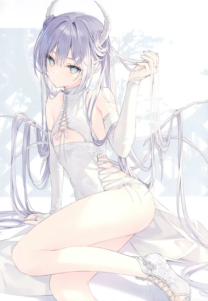 1girl,breasts,cross-laced_clothes,bangs,solo,twintails,closed_mouth,sitting,thighs,hair_on_horn,bridal_gauntlets,flat_chest,hair_between_eyes,very_long_hair,gloves,holding_hair,china_dress,sleeveless,white_theme,white_gloves,white_dress,white_footwear,looking_at_viewer,vertical,purple_hair,blue_eyes,clothing_cutout,horns,small_breasts,dress,long_hair,elbow_gloves,bare_shoulders,hair_flowing_over,high_heels