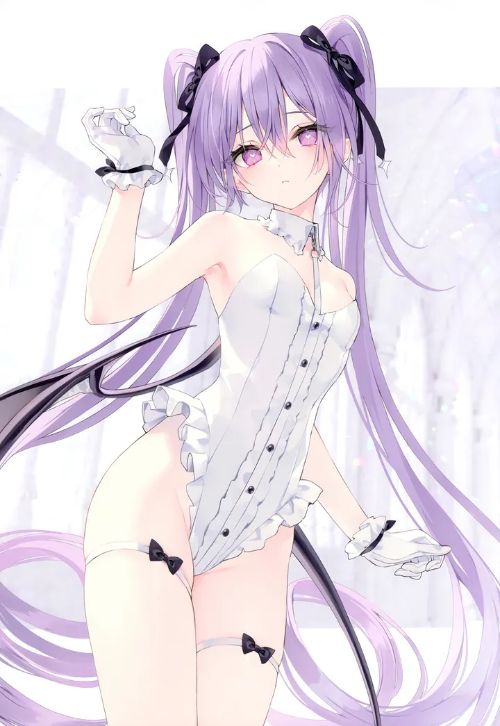 1girl,cowboy_shot,ribbon,arm_up,breasts,bangs,solo,twintails,closed_mouth,thighs,thigh_strap,hair_between_eyes,very_long_hair,demon_wings,gloves,hand_up,strapless,strapless_leotard,simple_background,white_gloves,white_background,white_collar,white_leotard,looking_at_viewer,vertical,leotard,purple_hair,purple_eyes,wings,blush,armpits,low_wings,frills,bow,hair_bow,small_breasts,long_hair,bare_shoulders,detached_collar,highleg,highleg_leotard,black_bow