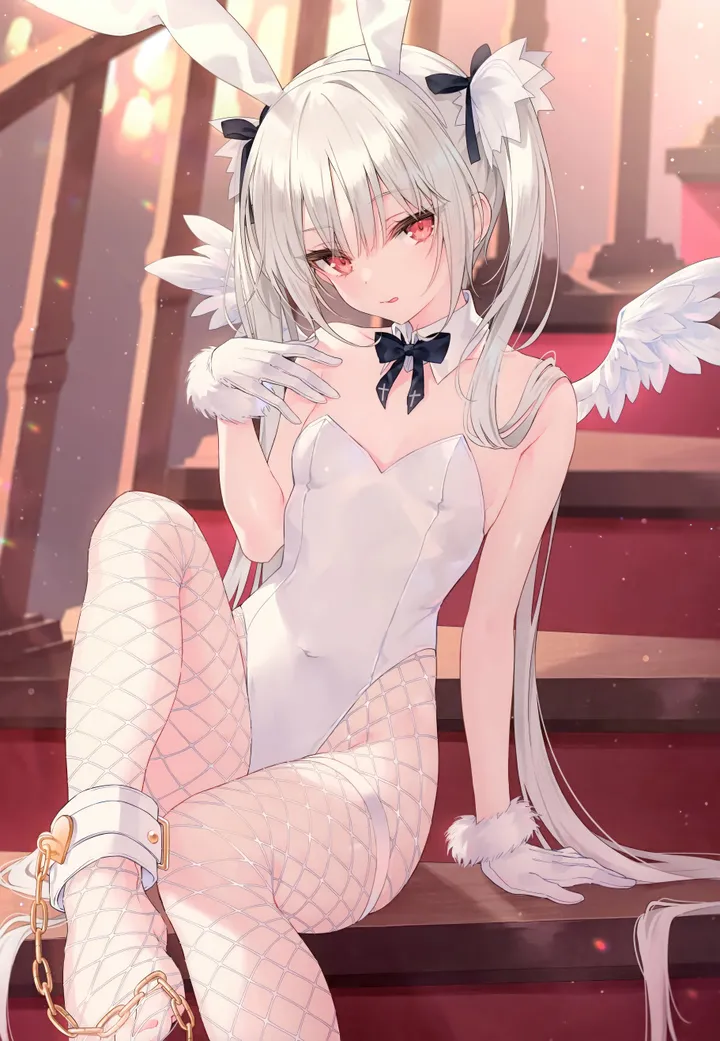 1girl,foot_out_of_frame,ribbon,breasts,playboy_bunny,rabbit_ears,animal_ears,bangs,fake_animal_ears,solo,twintails,hairband,stairs,sitting,angel_wings,very_long_hair,parted_lips,gloves,strapless,strapless_leotard,fishnets,white_hair,white_gloves,white_collar,white_leotard,looking_at_viewer,vertical,smile,wrist_cuffs,leotard,red_eyes,feathered_wings,wings,feet,bow,small_breasts,pantyhose,cuffs,chain,long_hair,covered_navel,bare_shoulders,collar,bowtie,detached_collar,fishnet_pantyhose,black_bow,black_bowtie