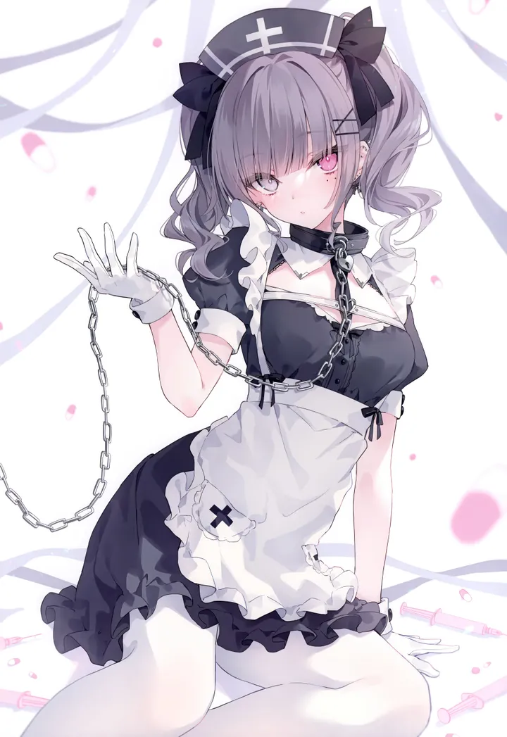 1girl,x_hair_ornament,ribbon,breasts,bangs,cross_hair_ornament,cross,solo,twintails,apron,sitting,hair_ornament,maid,hat,heterochromia,gloves,nurse_cap,simple_background,syringe,grey_hair,grey_eyes,jewelry,white_apron,white_gloves,white_background,white_pantyhose,looking_at_viewer,short_sleeves,piercing,ear_piercing,vertical,pink_eyes,earrings,blush,frills,pill,puffy_short_sleeves,puffy_sleeves,dress,pantyhose,chain,collar,black_headwear,black_dress