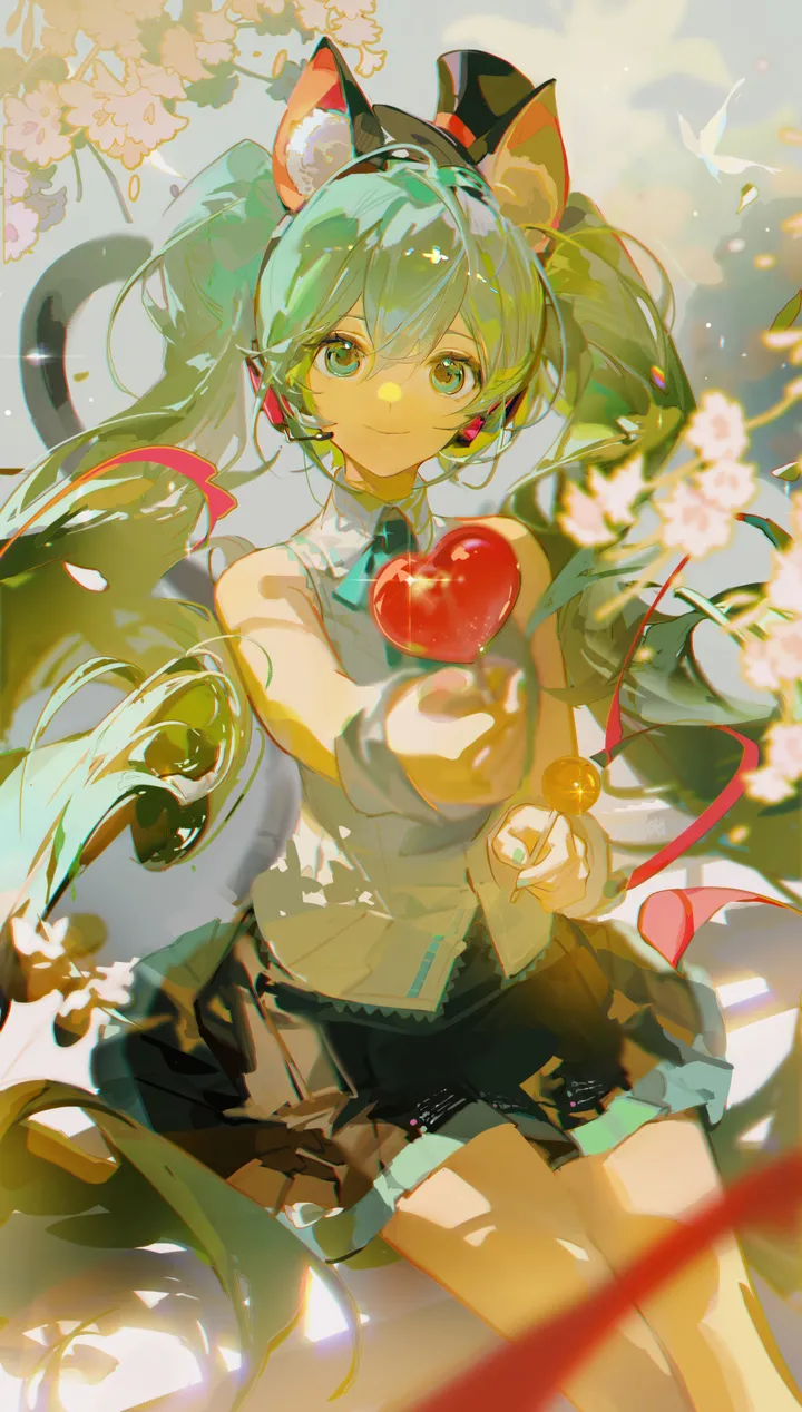 1girl,dappled_sunlight,detached_sleeves,outstretched_arm,animal_ears,bangs,solo,feet_out_of_frame,twintails,reaching_towards_viewer,closed_mouth,sitting,headphones,headset,tail,hair_between_eyes,very_long_hair,heart,holding,holding_food,nail_polish,sleeveless,sleeveless_shirt,collared_shirt,branch,blurry,cherry_blossoms,aqua_hair,aqua_nails,aqua_eyes,aqua_necktie,cat_girl,cat_tail,cat_ears,white_shirt,pleated_skirt,looking_at_viewer,skirt,vertical,smile,pink_flower,green_hair,animal_ear_fluff,petals,shirt,miniskirt,long_hair,bare_shoulders,necktie,food,flower,black_skirt