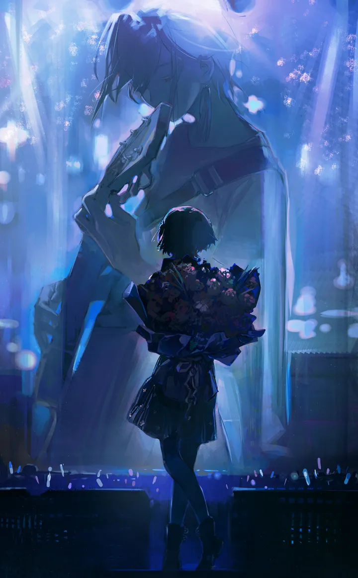 1girl,1boy,full_body,closed_eyes,holding_bouquet,holding,jewelry,male_focus,short_hair,vertical,standing,red_flower,earrings,from_behind,stage,bouquet,pantyhose,boots,flower