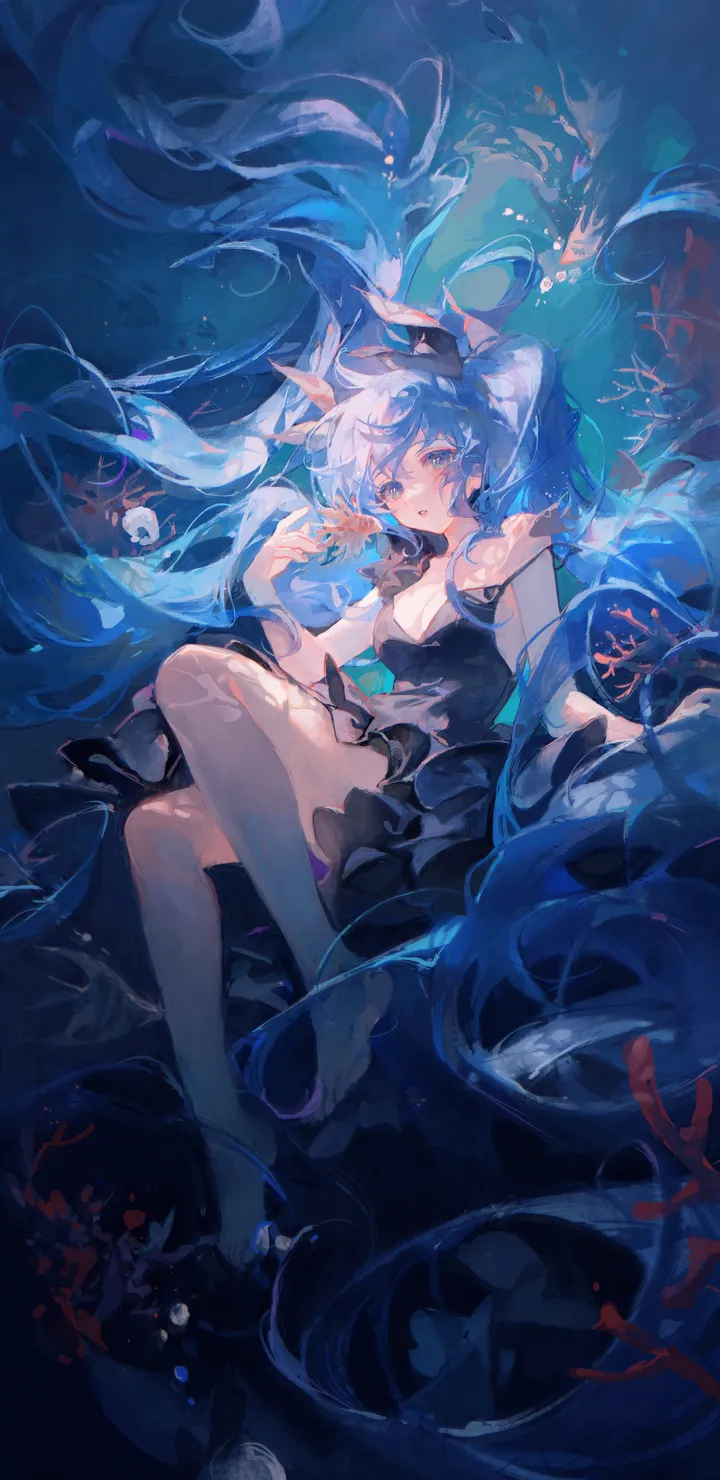 1girl,ribbon,medium_breasts,breasts,cleavage,full_body,bangs,solo,twintails,open_mouth,very_long_hair,parted_lips,holding,sleeveless,sleeveless_dress,air_bubble,underwater,bubble,looking_at_viewer,vertical,blue_hair,blue_eyes,bare_legs,barefoot,dress,long_hair,bare_shoulders,floating_hair,fish,black_dress