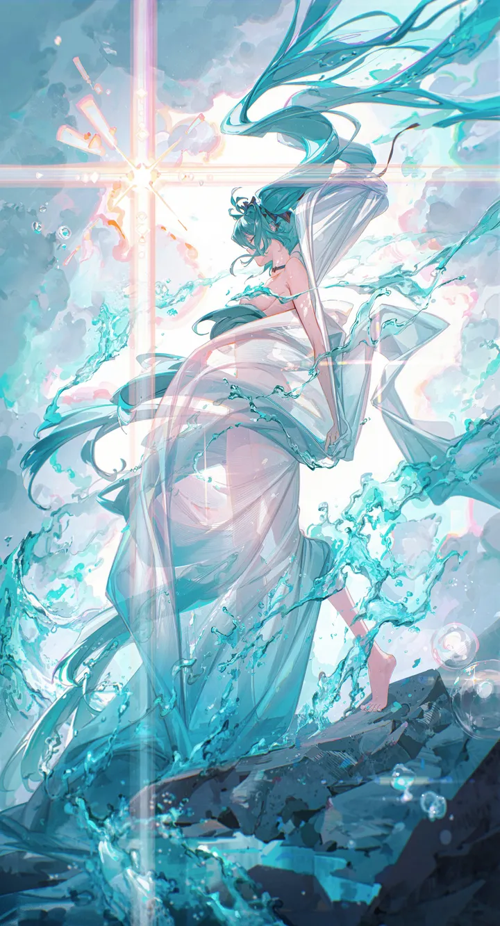 1girl,breasts,cloud,from_side,full_body,see-through,solo,twintails,sky,hair_ornament,very_long_hair,bracelet,shawl,water,aqua_hair,waves,floating,jewelry,white_dress,vertical,barefoot,absurdly_long_hair,dress,long_hair,bare_shoulders,backless_outfit,backless_dress,necklace,floating_hair