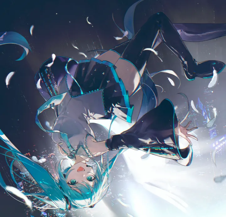 1girl,falling,detached_sleeves,upside-down,bangs,solo,twintails,city,cityscape,night,headset,open_mouth,very_long_hair,sleeveless,sleeveless_shirt,aqua_hair,aqua_eyes,aqua_necktie,grey_shirt,pleated_skirt,looking_at_viewer,skirt,vertical,smile,zettai_ryouiki,feathers,blue_hair,shirt,thighhighs,miniskirt,long_hair,boots,bare_shoulders,necktie,thigh_boots,black_skirt,black_sleeves,black_thighhighs,black_footwear