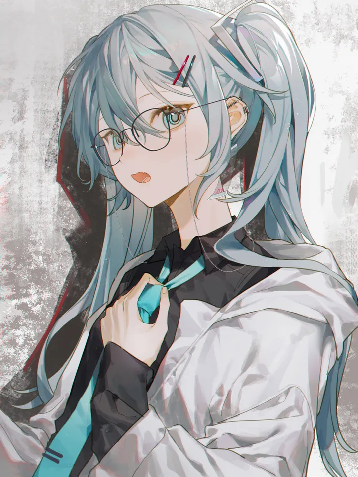 1girl,upper_body,hood,bangs,solo,twintails,hairclip,hair_ornament,jacket,hair_between_eyes,open_mouth,collared_shirt,aqua_hair,aqua_eyes,aqua_necktie,hood_down,jewelry,white_jacket,looking_at_viewer,glasses,piercing,ear_piercing,vertical,earrings,blue_hair,blue_eyes,blue_necktie,fang,shirt,bespectacled,open_jacket,open_clothes,adjusting_clothes,hooded_jacket,long_hair,long_sleeves,necktie,black-framed_eyewear,black_shirt