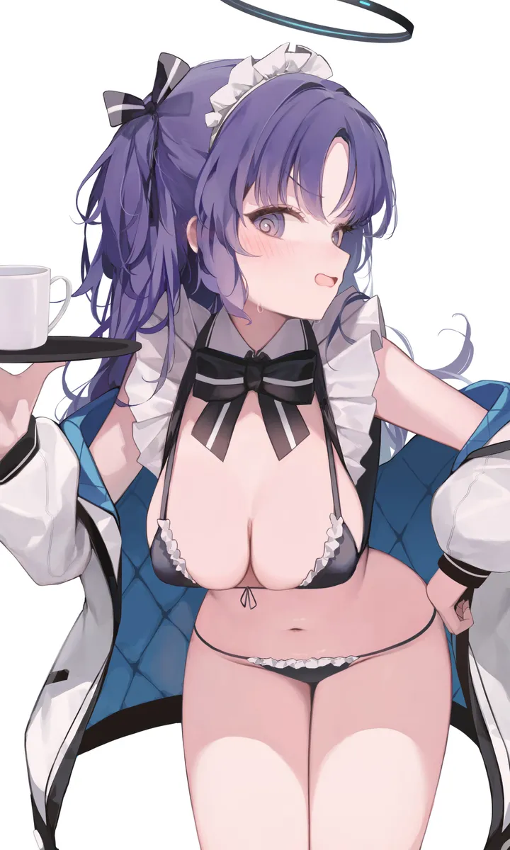 1girl,medium_breasts,breasts,cleavage,front-tie_top,bangs,jacket_partially_removed,solo,hand_on_hip,thighs,halo,jacket,maid,maid_headdress,maid_bikini,enmaided,two_side_up,stomach,open_mouth,tray,holding_tray,holding,simple_background,cup,bikini,sweatdrop,swimsuit,white_jacket,white_background,looking_at_viewer,alternate_costume,vertical,purple_hair,purple_eyes,front-tie_bikini_top,navel,blush,frills,frilled_bikini,bow,open_jacket,open_clothes,leaning_forward,large_breasts,long_hair,long_sleeves,off_shoulder,bowtie,detached_collar,black_bikini,black_bow,black_bowtie