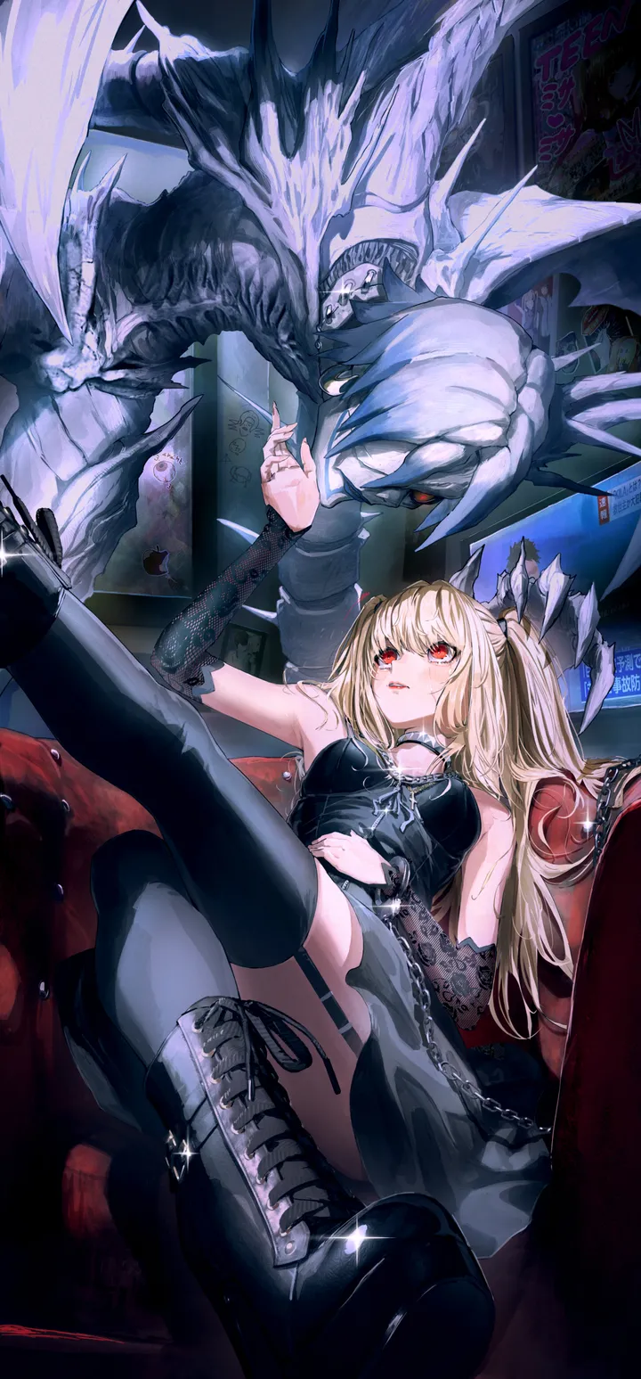 1girl,detached_sleeves,breasts,bangs,cross,solo,garter_straps,gothic_lolita,sitting,two_side_up,open_mouth,ring,sleeveless,lolita_fashion,jewelry,vertical,red_eyes,thighhighs,dress,blonde_hair,long_hair,boots,bare_shoulders,choker,necklace,black_thighhighs,black_dress,black_footwear,dragon