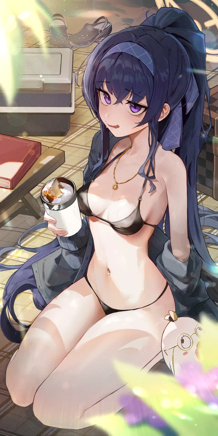 1girl,ribbon,medium_breasts,book,breasts,sandals,bangs,solo,hairband,tongue_out,sitting,thighs,halo,hair_ribbon,jacket,stomach,very_long_hair,holding_cup,slippers,holding,cup,seiza,bikini,swimsuit,jewelry,looking_at_viewer,vertical,string_bikini,purple_eyes,navel,tongue,blue_hairband,open_clothes,long_hair,bare_shoulders,off_shoulder,necklace,ponytail,bags_under_eyes,black_hair,black_bikini