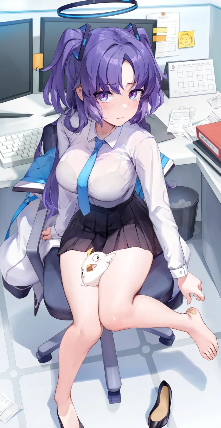 1girl,desk,breasts,parted_bangs,full_body,bangs,bandaid,office_chair,solo,legs,closed_mouth,sitting,thighs,halo,sidelocks,jacket,indoors,two_side_up,monitor,collared_shirt,chair,keyboard_computer,white_shirt,pleated_skirt,looking_at_viewer,skirt,vertical,purple_hair,purple_eyes,paper,feet,toes,shoes_removed,blush,blue_necktie,shirt,bare_legs,barefoot,large_breasts,miniskirt,long_hair,long_sleeves,off_shoulder,shoes,necktie,black_skirt,black_footwear