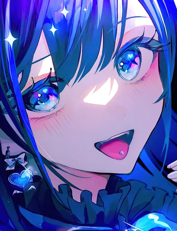 1girl,bangs,solo,tongue_out,portrait,open_mouth,heart,heart_earrings,teeth,jewelry,looking_at_viewer,piercing,vertical,smile,earrings,blush,tongue,tongue_piercing,frills,sparkle,blue_hair,blue_eyes,bow,close-up