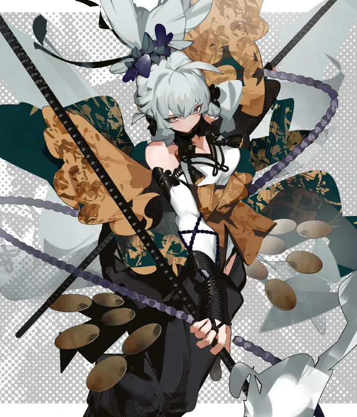 1girl,detached_sleeves,breasts,bangs,solo,ahoge,closed_mouth,hair_ornament,holding_weapon,holding_polearm,holding,japanese_clothes,weapon,grey_hair,grey_eyes,looking_at_viewer,spear,vertical,long_hair,polearm,bare_shoulders,ponytail