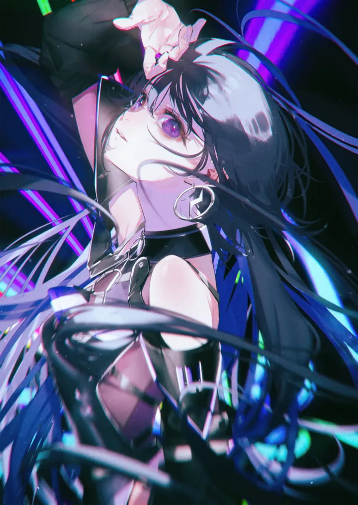 1girl,virtual_youtuber,arm_up,breasts,upper_body,bangs,solo,multicolored_hair,very_long_hair,parted_lips,hoop_earrings,jewelry,looking_at_viewer,vertical,purple_eyes,earrings,blue_hair,long_hair,long_sleeves,bare_shoulders,black_hair