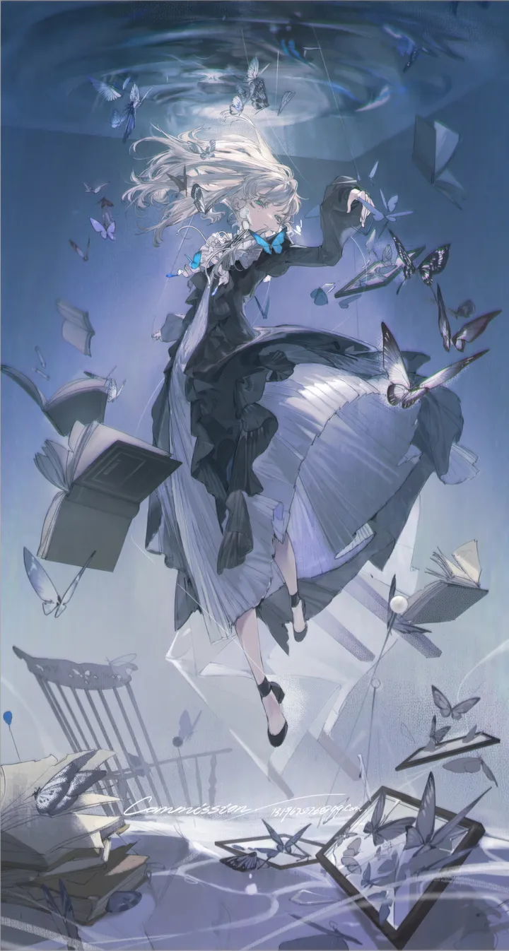 1girl,book,full_body,solo,water,ripples,floating,floating_object,white_hair,white_dress,vertical,paper,open_book,frills,blue_eyes,blue_butterfly,bug,butterfly,dress,long_hair,long_sleeves,shoes,floating_hair,magic_circle,black_dress,black_footwear