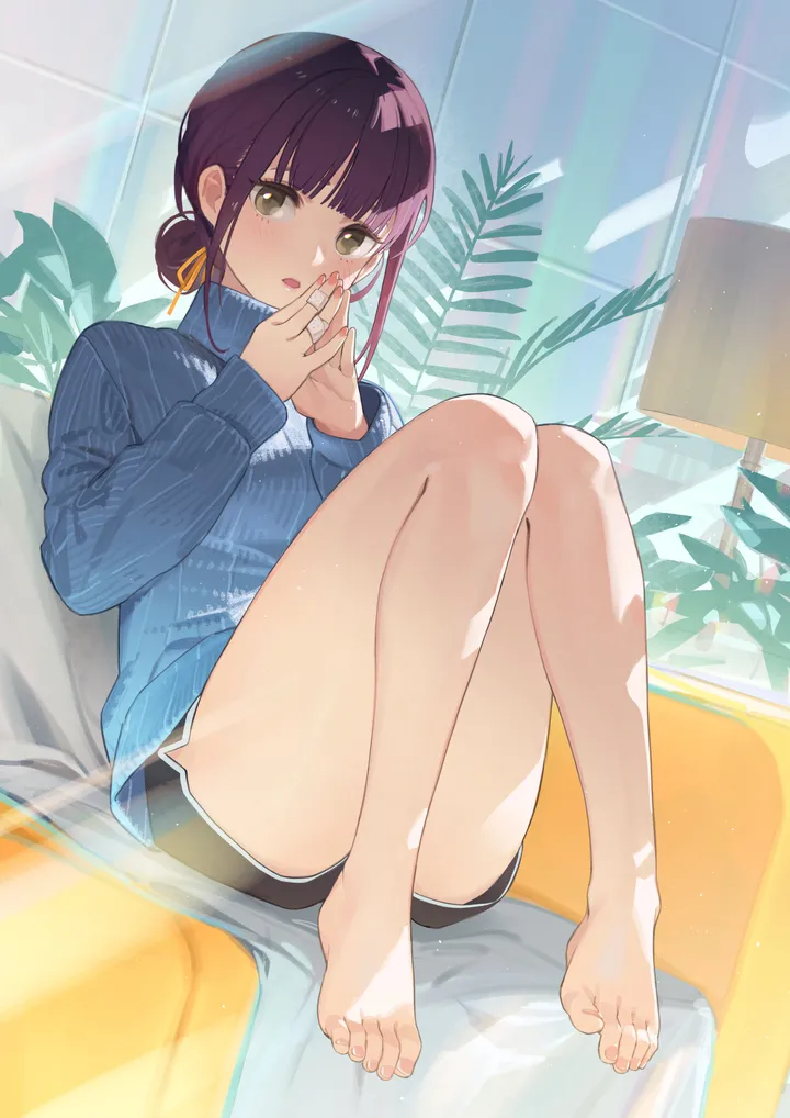 1girl,ribbon,bangs,solo,single_hair_bun,legs,hair_bun,sitting,hair_ribbon,sidelocks,indoors,open_mouth,knees_up,nail_polish,brown_hair,brown_eyes,ribbed_sweater,plant,sweater,couch,toenail_polish,lamp,potted_plant,blunt_bangs,looking_at_viewer,shorts,vertical,pink_nails,short_shorts,purple_hair,feet,toes,toenails,blush,blue_sweater,bare_legs,barefoot,long_sleeves,turtleneck,turtleneck_sweater,yellow_ribbon,black_shorts