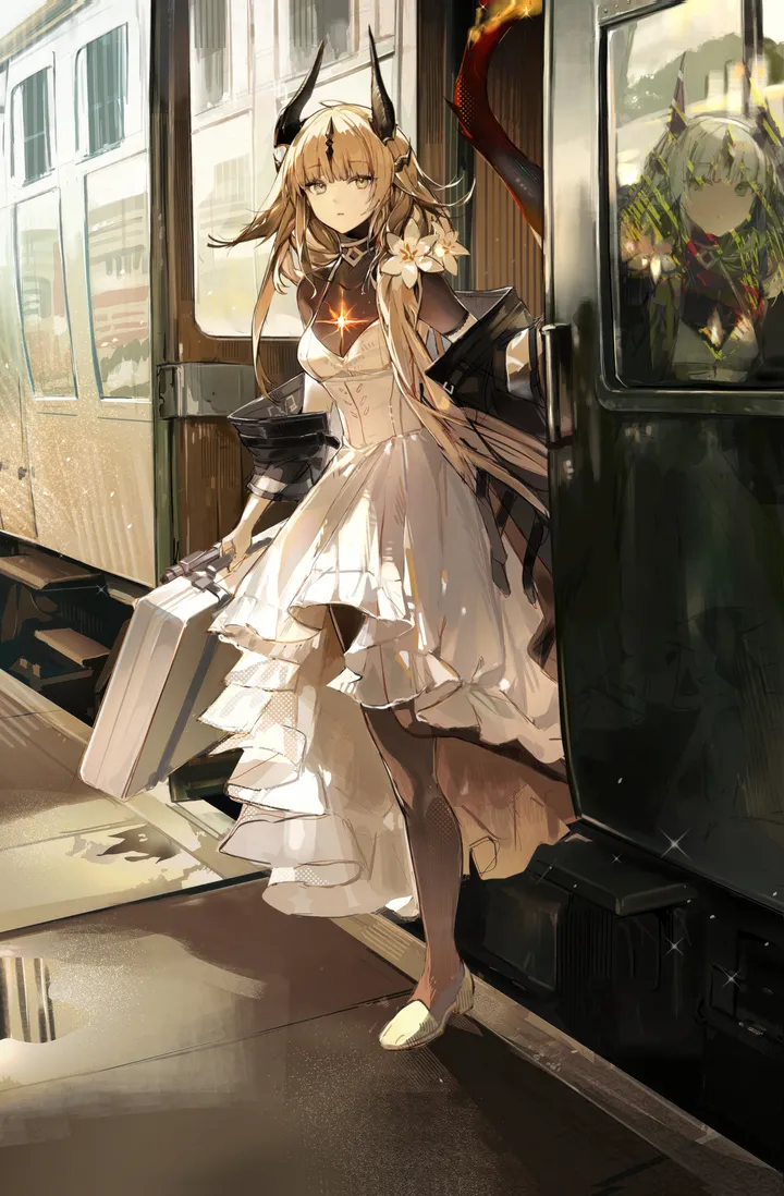 1girl,2girls,medium_breasts,breasts,full_body,bangs,solo,reflection,ground_vehicle,multiple_girls,hair_flower,hair_ornament,jacket,tail,very_long_hair,holding,suitcase,grey_eyes,jewelry,white_flower,white_dress,looking_at_viewer,vertical,standing,horns,dress,pantyhose,blonde_hair,long_hair,necklace,high_heels,flower,black_jacket,dragon_girl,dragon_horns