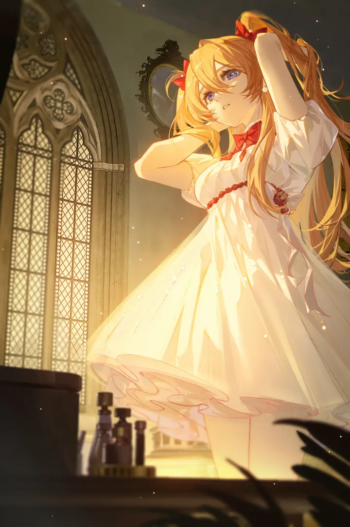 1girl,arms_up,breasts,from_below,light_particles,bangs,blurry_foreground,solo,arms_behind_head,twintails,indoors,hair_between_eyes,parted_lips,chess_piece,blurry,orange_hair,white_dress,short_sleeves,window,vertical,standing,red_bow,red_bowtie,blue_eyes,puffy_sleeves,bow,hair_bow,dress,long_hair,bowtie