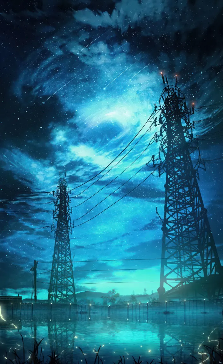 cloud,reflection,night,night_sky,sky,outdoors,star_sky,starry_sky,water,no_humans,shooting_star,utility_pole,power_lines,vertical,signature,grass,blue_theme,scenery