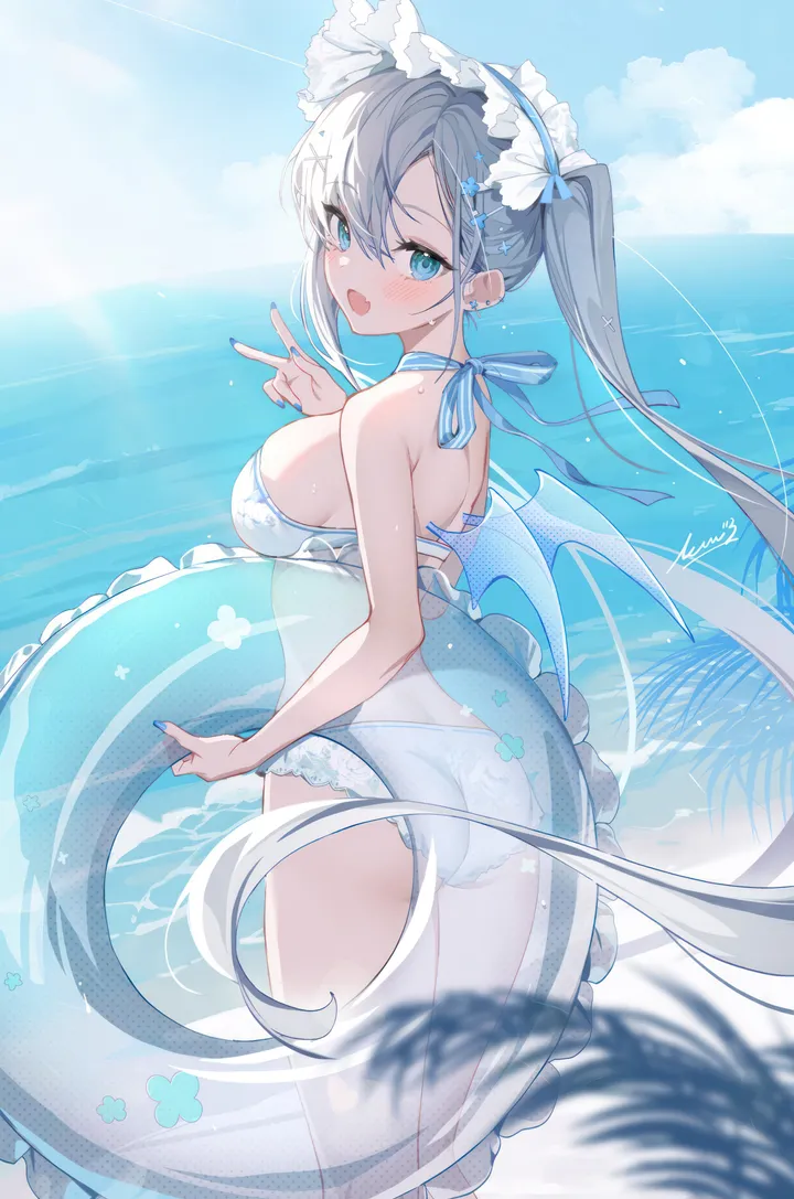 1girl,breasts,bangs,solo,twintails,looking_back,thighs,sky,hair_ornament,ass,open_mouth,very_long_hair,outdoors,holding,holding_innertube,nail_polish,v,bikini,water,innertube,swimsuit,ocean,beach,grey_hair,jewelry,day,white_bikini,looking_at_viewer,vertical,standing,smile,halterneck,wings,earrings,from_behind,blush,frills,blue_nails,blue_eyes,fang,large_breasts,long_hair,bare_shoulders