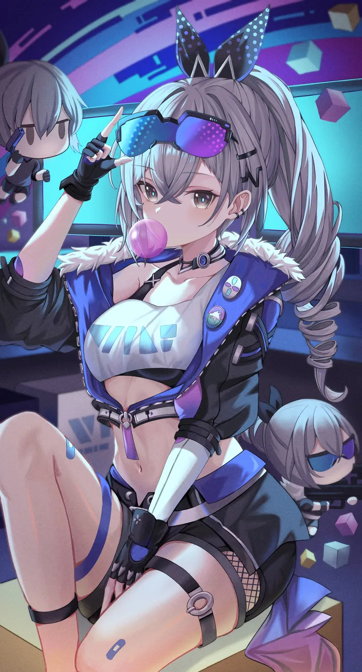 1girl,medium_breasts,breasts,solo,twin_drills,chewing_gum,bubble_blowing,sitting,sunglasses,thighs,thigh_strap,hair_ornament,jacket,stomach,gloves,fingerless_gloves,fur_trim,grey_hair,grey_eyes,white_shirt,looking_at_viewer,eyewear_on_head,shorts,vertical,short_shorts,navel,shirt,open_jacket,open_clothes,drill_hair,long_hair,long_sleeves,midriff,crop_top,choker,ponytail,black_jacket,black_gloves,black_shorts