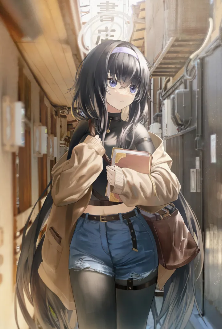 1girl,book,bangs,bag,solo,shoulder_bag,hairband,closed_mouth,thigh_strap,halo,jacket,hair_between_eyes,very_long_hair,holding,holding_book,brown_jacket,sweater,denim,denim_shorts,jewelry,belt,shorts,looking_away,vertical,short_shorts,navel,blue_hairband,blue_eyes,blue_shorts,shirt,sleeves_past_wrists,open_clothes,pantyhose,long_hair,long_sleeves,midriff,off_shoulder,crop_top,bags_under_eyes,black_hair,black_shirt,black_pantyhose