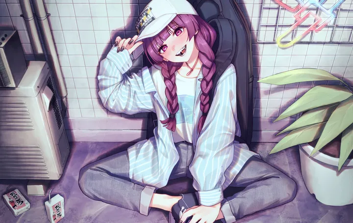 1girl,braid,twin_braids,bangs,solo,sitting,jacket,hat,open_mouth,hair_over_shoulder,nail_polish,striped,baseball_cap,plant,horizontal,teeth,white_headwear,potted_plant,blunt_bangs,looking_at_viewer,smile,purple_hair,purple_eyes,blush,shirt,pants,open_jacket,open_clothes,long_hair,long_sleeves,sharp_teeth,black_nails