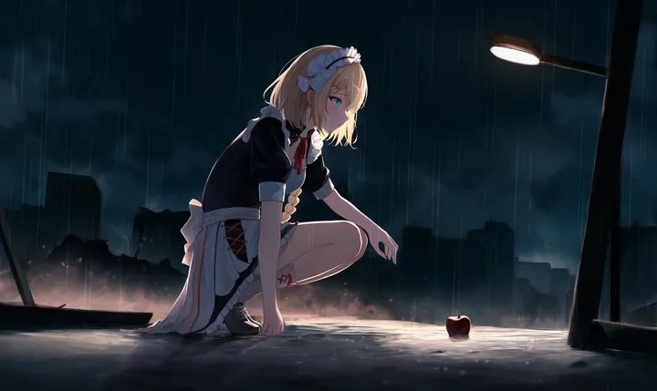 1girl,braid,from_side,bangs,solo,apron,night,sky,maid,maid_apron,maid_headdress,outdoors,horizontal,fire,white_apron,short_sleeves,blue_eyes,wet,lamppost,squatting,dress,blonde_hair,long_hair,rain