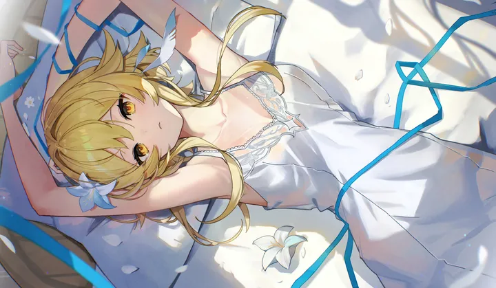 1girl,ribbon,medium_breasts,arms_up,breasts,cleavage,on_back,bangs,solo,closed_mouth,on_bed,hair_flower,hair_ornament,sidelocks,short_hair_with_long_locks,parted_lips,sleeveless,sleeveless_dress,pillow,horizontal,white_flower,white_dress,lily_flower,looking_at_viewer,alternate_costume,feathers,feather_hair_ornament,armpits,petals,blue_ribbon,bare_arms,lying,dress,blonde_hair,collarbone,bare_shoulders,flower,yellow_eyes