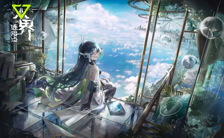 1girl,book,breasts,cloud,bangs,solo,closed_mouth,looking_back,sitting,cloudy_sky,sky,indoors,very_long_hair,gloves,plant,horizontal,day,white_dress,looking_at_viewer,window,green_hair,blue_sky,blue_hair,blue_eyes,thighhighs,dress,long_hair,elbow_gloves,scenery,black_hair,black_gloves,black_thighhighs