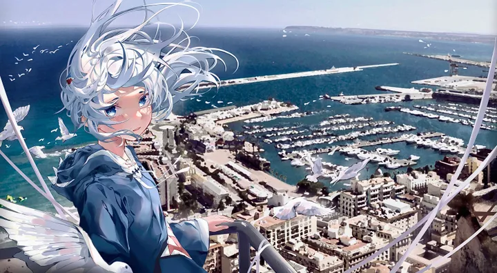 1girl,virtual_youtuber,medium_hair,hood,bangs,solo,city,cityscape,multicolored_hair,hair_ornament,photo_background,outdoors,horizontal,water,hood_down,ocean,grey_hair,day,white_hair,looking_at_viewer,smile,wings,blush,watercraft,blue_hair,blue_eyes,blue_hoodie,hoodie,long_sleeves,wind,scenery,floating_hair,shark_hair_ornament,shark_hood,bird