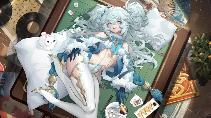 1girl,breasts,messy_hair,bangs,solo,twintails,hair_ornament,official_alternate_costume,open_mouth,heart,heart-shaped_pupils,gloves,pillow,plant,horizontal,fur_trim,looking_at_viewer,smile,symbol-shaped_pupils,blue_eyes,clothing_cutout,lying,small_breasts,thighhighs,long_hair,long_sleeves,food,high_heel_boots,high_heels,black_gloves