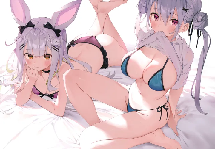 2girls,virtual_youtuber,x_hair_ornament,double_bun,side-tie_bikini_bottom,ribbon,breasts,mole_on_breast,cleavage,rabbit_ears,animal_ears,bangs,legs_up,twintails,hairclip,shirt_in_mouth,closed_mouth,hair_bun,sitting,multiple_girls,thighs,hair_ribbon,hair_ornament,sidelocks,stomach,ass,bed_sheet,hair_between_eyes,very_long_hair,arm_support,head_rest,lifted_by_self,clothes_lift,brown_eyes,horizontal,orange_eyes,bikini,swimsuit,grey_hair,mouth_hold,clothes_in_mouth,mole,white_hair,white_shirt,blunt_bangs,looking_at_viewer,short_sleeves,smile,pink_eyes,string_bikini,purple_bikini,halterneck,navel,blush,frills,frilled_bikini,blue_bikini,shirt,shirt_lift,bare_legs,bare_arms,barefoot,the_pose,on_stomach,lying,large_breasts,small_breasts,long_hair,bare_shoulders,choker,yellow_eyes,black_ribbon,black_choker