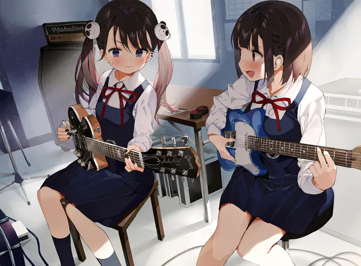 2girls,braid,ribbon,instrument,bangs,acoustic_guitar,twintails,guitar,closed_mouth,sitting,multiple_girls,hair_ornament,indoors,open_mouth,holding_instrument,holding,sleeveless,sleeveless_dress,collared_shirt,school_uniform,brown_hair,chair,horizontal,wavy_mouth,playing_instrument,electric_guitar,white_shirt,pleated_dress,looking_at_another,short_hair,window,smile,red_ribbon,pinafore_dress,blush,blue_eyes,blue_dress,shirt,socks,bass_guitar,dress,long_hair,long_sleeves,music,neck_ribbon,black_hair