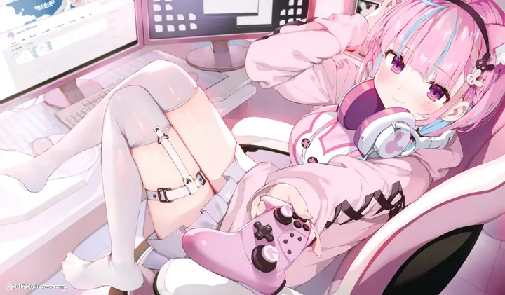 1girl,virtual_youtuber,braid,medium_breasts,breasts,shiny,hood,animal_ears,bangs,solo,two-tone_hair,hairband,garter_straps,ahoge,closed_mouth,sitting,multicolored_hair,thigh_strap,hair_ornament,headphones,indoors,holding_controller,controller,holding_game_controller,holding,streaked_hair,monitor,chair,horizontal,hood_down,no_shoes,game_controller,cat_ears,keyboard_computer,white_skirt,white_thighhighs,pleated_skirt,looking_at_viewer,skirt,smile,pink_hair,purple_eyes,zettai_ryouiki,headphones_around_neck,animal_ear_fluff,blush,blue_hair,thighhighs,hoodie,long_sleeves,mouse_computer