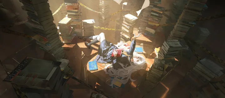 1girl,book,book_stack,on_back,solo,kneehighs,holding,school_uniform,horizontal,white_hair,pleated_skirt,skirt,paper,open_book,blue_skirt,shirt,socks,caution_tape,lying,chain,long_hair,long_sleeves,shoes,black_skirt,black_socks,black_footwear