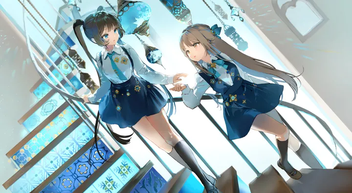 2girls,bangs,kneehighs,twintails,stairs,suspender_skirt,closed_mouth,multiple_girls,indoors,very_long_hair,parted_lips,collared_shirt,railing,brown_hair,brown_eyes,horizontal,holding_hands,white_shirt,looking_at_another,eye_contact,skirt,standing,smile,suspenders,blue_eyes,blue_skirt,blue_bow,bow,hair_bow,shirt,socks,dress,long_hair,long_sleeves,shoes,necktie,high-waist_skirt,black_hair