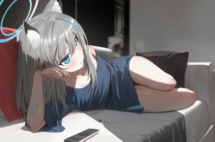 1girl,mismatched_pupils,on_side,animal_ears,bangs,cross_hair_ornament,solo,closed_mouth,on_couch,halo,hair_ornament,indoors,phone,controller,arm_support,head_rest,pillow,blurry,blurry_background,horizontal,couch,grey_hair,wolf_ears,short_sleeves,cellphone,animal_ear_fluff,blush,blue_eyes,blue_shirt,shirt,extra_ears,lying,oversized_shirt,remote_control,long_hair,off_shoulder