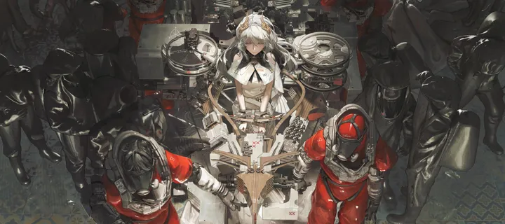 1girl,6-others,6-boys,breasts,bangs,multiple_others,helmet,gloves,holding,horizontal,white_dress,armor,standing,dress,long_hair