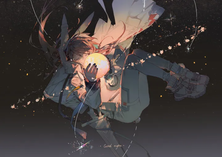 1girl,rabbit_girl,rabbit_ears,full_body,animal_ears,solo,closed_eyes,jacket,space,gloves,star_sky,starry_sky,brown_hair,horizontal,floating,english_text,planet,shirt,long_hair,long_sleeves,boots,ponytail,black_gloves,black_footwear