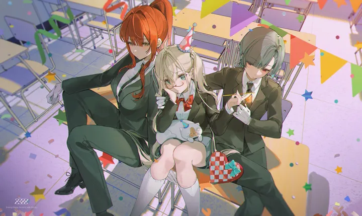 3girls,desk,breasts,bangs,kneehighs,twintails,closed_mouth,on_chair,sitting,sitting_on_desk,multiple_girls,hair_over_one_eye,sidelocks,jacket,indoors,hat,confetti,gloves,holding,classroom,star_symbol,collared_shirt,school_uniform,chair,horizontal,formal,stuffed_toy,party_hat,grey_hair,white_gloves,white_shirt,looking_at_viewer,short_hair,skirt,smile,red_hair,red_bow,red_bowtie,green_eyes,bow,shirt,socks,pants,suit,school_desk,school_chair,large_breasts,blonde_hair,long_hair,long_sleeves,necktie,bowtie,ponytail,yellow_eyes,black_suit,black_jacket,black_pants,black_footwear,black_necktie