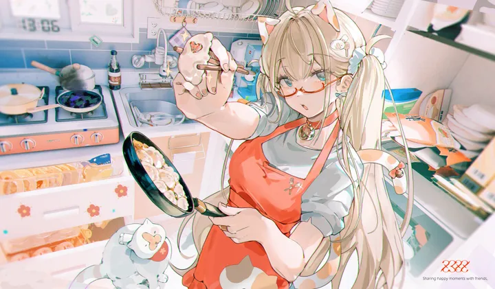 1girl,animal_ears,bangs,semi-rimless_eyewear,solo,kitchen,twintails,ahoge,apron,hair_ornament,indoors,tail,frying_pan,open_mouth,very_long_hair,holding,horizontal,cooking,fried_egg,cat,cat_girl,cat_tail,cat_hair_ornament,cat_ears,white_shirt,looking_at_viewer,glasses,short_sleeves,red_apron,red_choker,blush,blue_eyes,egg,shirt,blonde_hair,bell,neck_bell,spatula,long_hair,choker,food