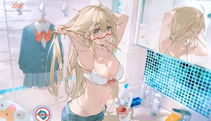 1girl,medium_breasts,arms_up,breasts,cleavage,underwear,panties,bangs,semi-rimless_eyewear,solo,reflection,ahoge,indoors,stomach,bow_bra,very_long_hair,holding,under-rim_eyewear,cup,school_uniform,horizontal,sink,no_shirt,bathroom,toothbrush,denim,tile_wall,hands_in_hair,mouth_hold,white_panties,white_bra,pleated_skirt,looking_at_viewer,glasses,skirt,shorts,standing,red-framed_eyewear,red_bow,red_bowtie,navel,bra,armpits,blue_eyes,bow,shirt,shirt_removed,bare_arms,blonde_hair,collarbone,mirror,long_hair,bare_shoulders,bowtie,mug,highleg