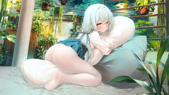 1girl,ribbon,full_body,bangs,solo,legs,closed_mouth,on_bed,thighs,hair_ribbon,indoors,skirt_lift,pillow_hug,ass,bed,hair_between_eyes,object_hug,pillow,plant,horizontal,no_shoes,white_hair,white_shirt,white_pantyhose,pleated_skirt,potted_plant,looking_at_viewer,skirt,feet,soles,toes,blush,blue_skirt,shirt,pantyhose,long_hair,long_sleeves,yellow_eyes