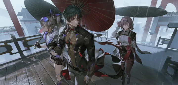 1boy,2girls,3girls,east_asian_architecture,breasts,bangs,chewing_gum,bubble_blowing,sunglasses,coat,multiple_girls,thigh_strap,jacket,architecture,outdoors,gloves,holding,holding_umbrella,brown_hair,horizontal,oil-paper_umbrella,grey_hair,grey_eyes,white_shirt,looking_at_viewer,eyewear_on_head,short_hair,shorts,standing,shirt,pants,long_hair,long_sleeves,rain,umbrella,ponytail,black_hair,black_jacket,black_gloves