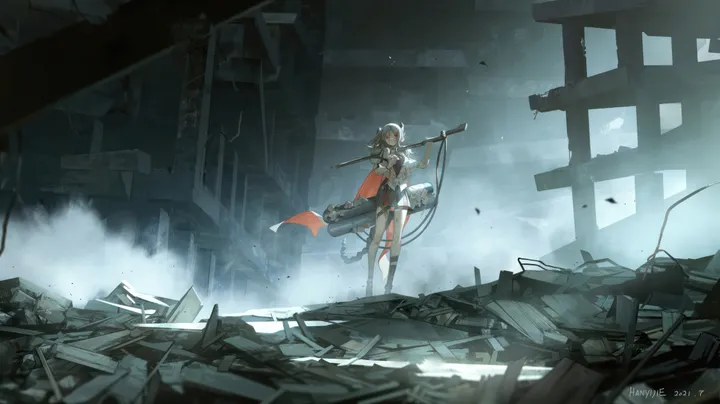 1girl,artist_name,solo,wide_shot,ruins,holding_weapon,cape,holding,gun,horizontal,orange_eyes,weapon,grey_hair,rubble,looking_at_viewer,debris,standing,red_eyes,cable,horns