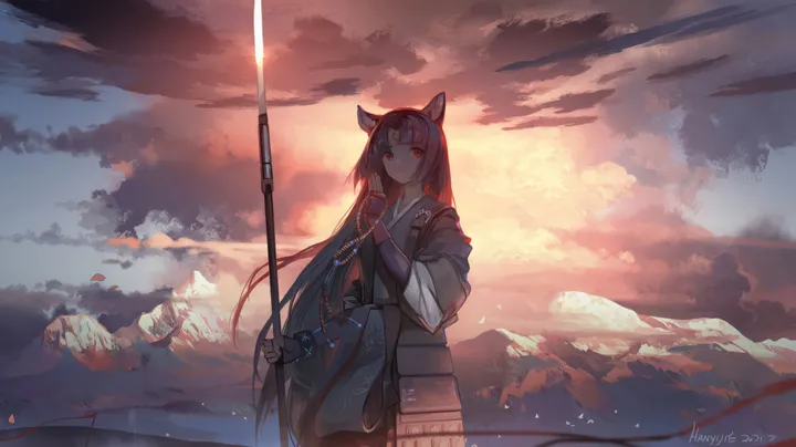 1girl,cowboy_shot,cloud,animal_ears,bangs,solo,kimono,closed_mouth,sky,mountain,very_long_hair,outdoors,gloves,holding_weapon,holding_polearm,hand_up,holding,fingerless_gloves,japanese_clothes,horizontal,weapon,dog_ears,beads,armor,looking_at_viewer,signature,red_eyes,facial_mark,naginata,long_hair,polearm,long_sleeves,forehead_mark,black_kimono,black_hair